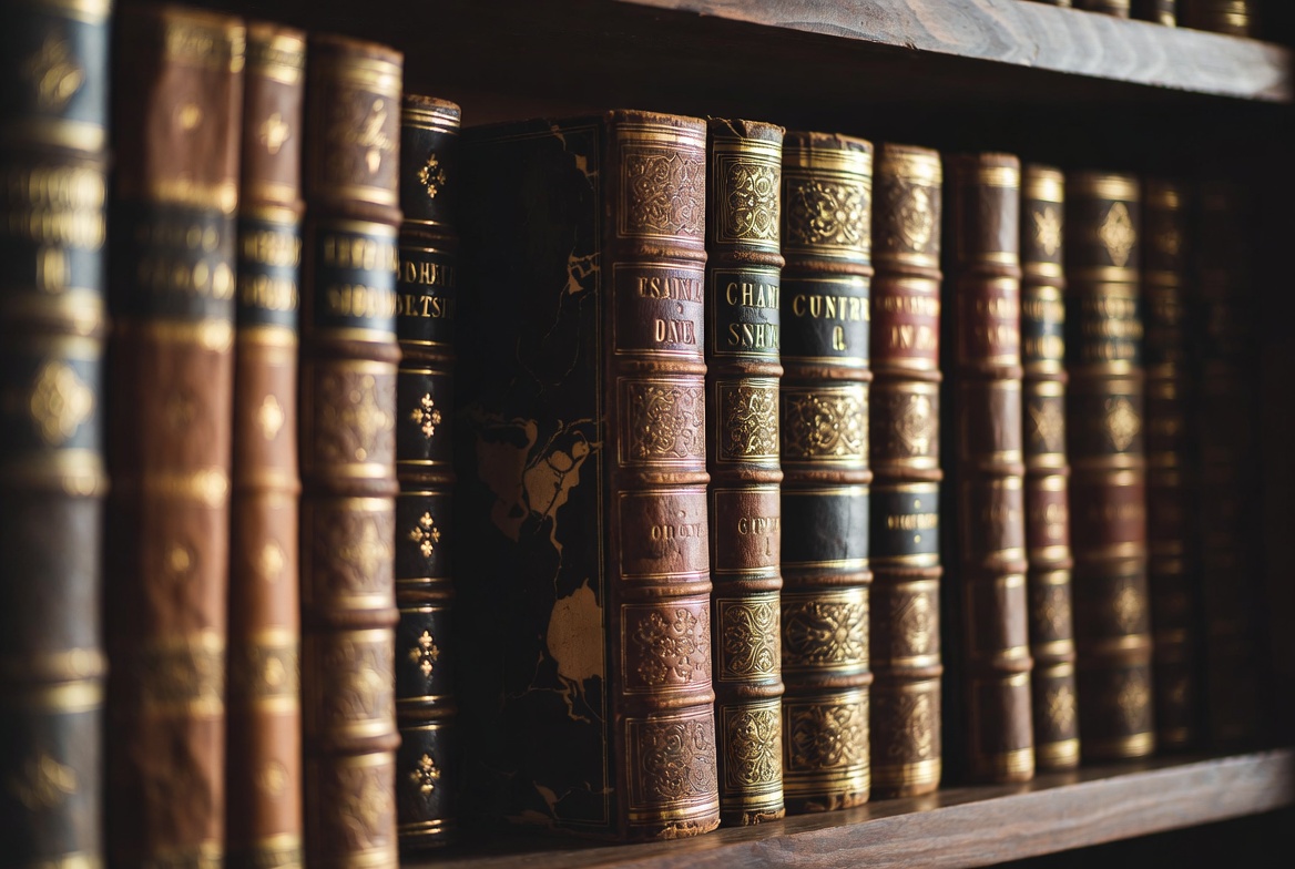 Close-up detail of vintage book spines lined tightly on a dark wooden shelf. Intricate embossed patterns and faded gold details visible on aged cloth and leather bindings. Soft diffused light accentuates the craftsmanship and textures of bookbinding. Warm editorial macro photography, contemplative mood.