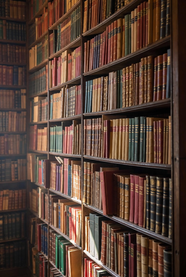 Tall wooden bookshelf in a private library filled with rows of antique and modern cloth and leather bound books in muted reds, greens, browns and golds. Some volumes slightly askew. Soft natural light from the side. Photorealistic editorial photography with shallow depth of field.
