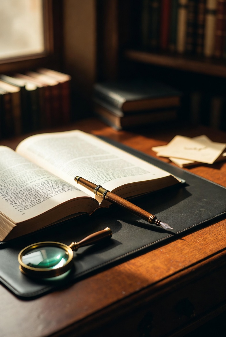 Close-up editorial view of a wooden library desk with open book, brass fountain pen on leather blotter, cream notecards and magnifying glass. Warm natural light, rich textures of wood and paper, contemplative scholarly atmosphere.