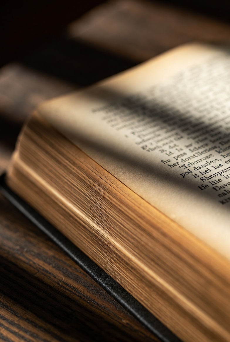 Extreme close-up macro photograph of the open pages of an antique hardcover book on dark wood. Delicate deckled paper edges, visible texture, soft shadow in the gutter. Warm sidelight highlights the surface. Text appears as abstract lines only. Photorealistic, intimate tactile mood emphasizing the physical beauty of the printed page.